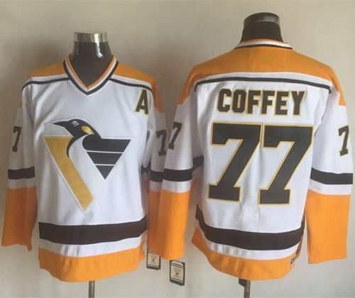 Penguins #77 Paul Coffey White/Yellow CCM Throwback Stitched NHL Jersey - Click Image to Close